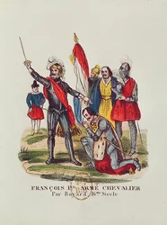 Francois I (1494-1547) Ranskan kuningas ja Pierre du Terrail (1476-1524) Chevalier Bayard, Marignanin taistelun jälkeen vuonna 1515, 1841